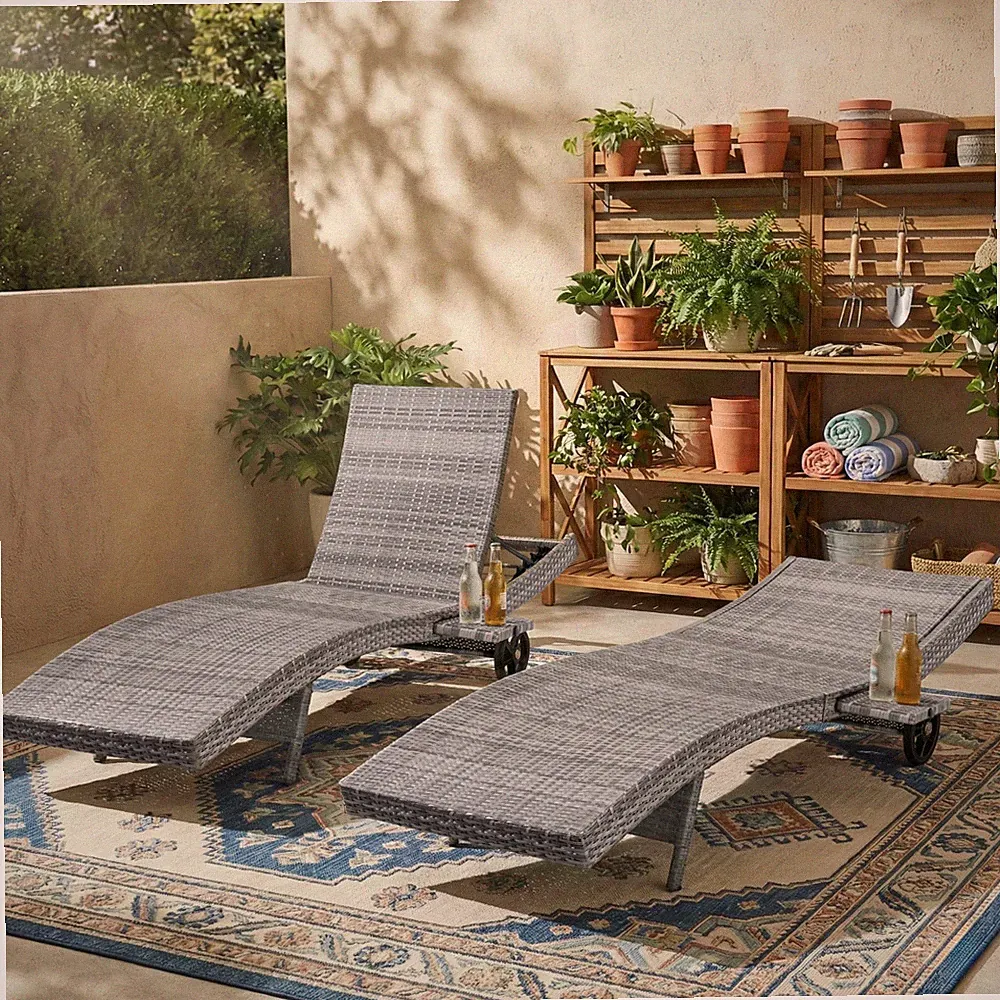 80" Patio Wicker Chaise Lounge Chairs Set of 2, w/ Rolling Wheels for Poolside