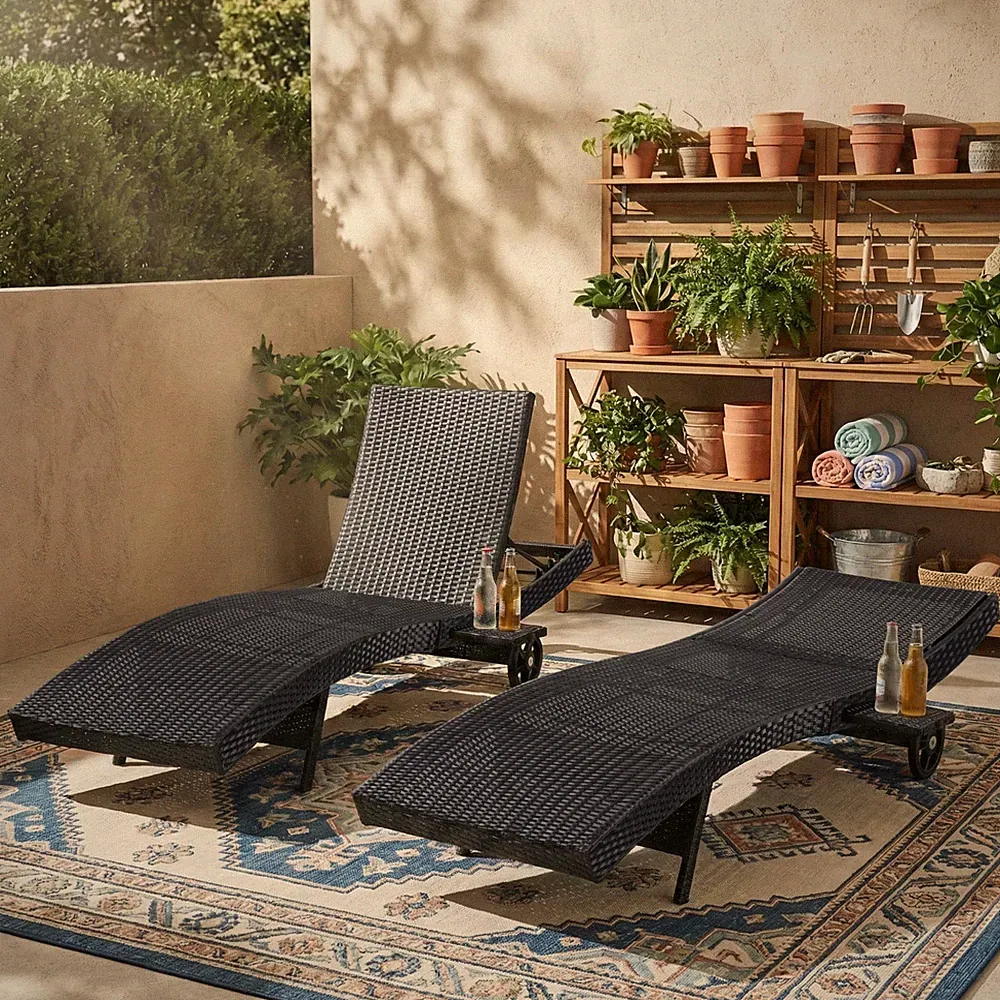 80" Wicker Chaise Lounge Chairs Set of 2,Reclining Lounge Chair w/Rolling Wheels