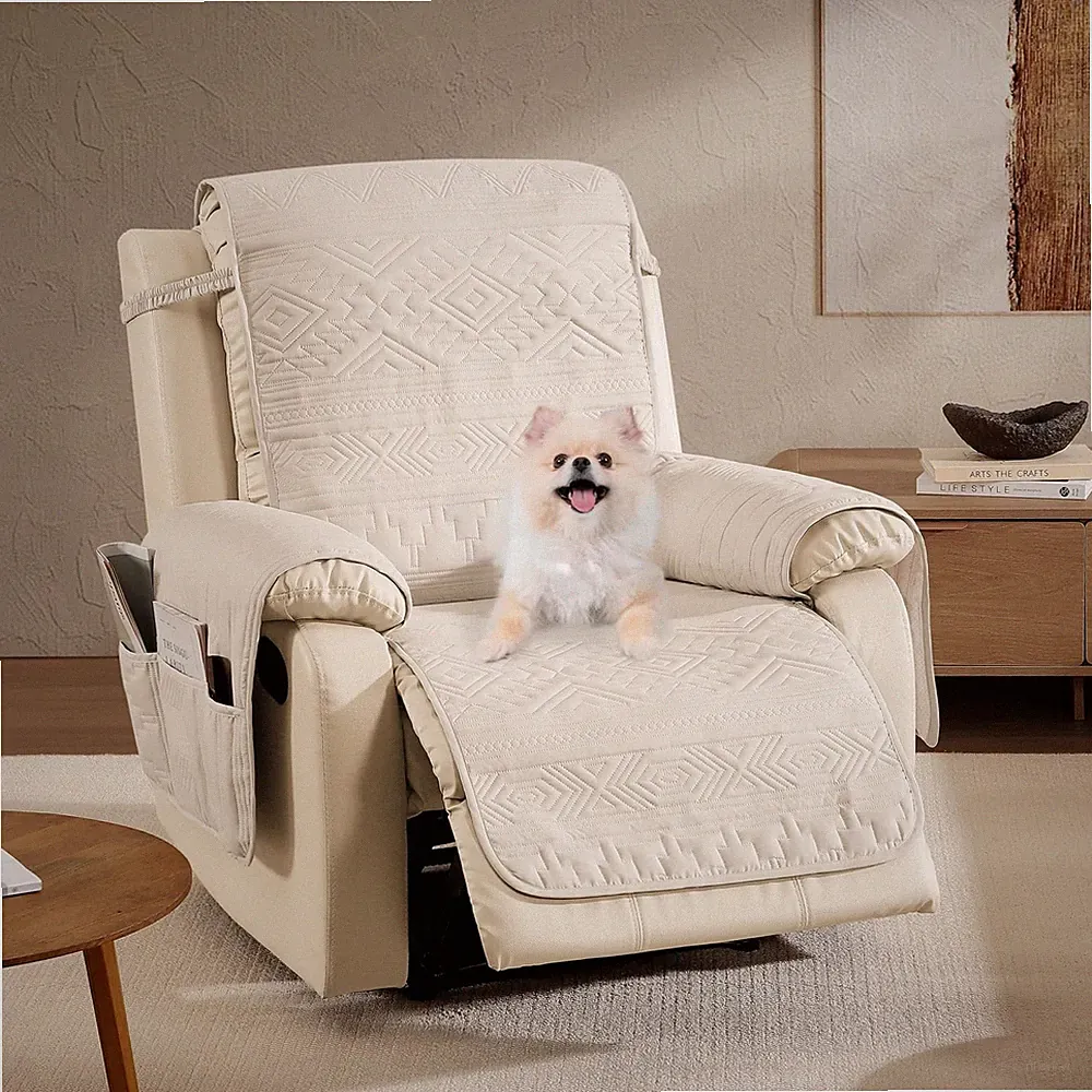 Boho Beige Quilted Recliner Covers, Water-Repellent Recliner Slipcovers, Lazy...