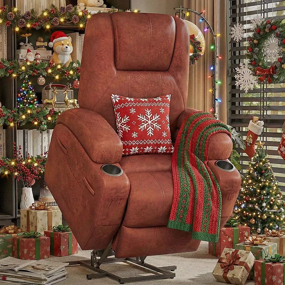 Brown Electric Power Lift Recliner Chair with Massage & Cup Holders