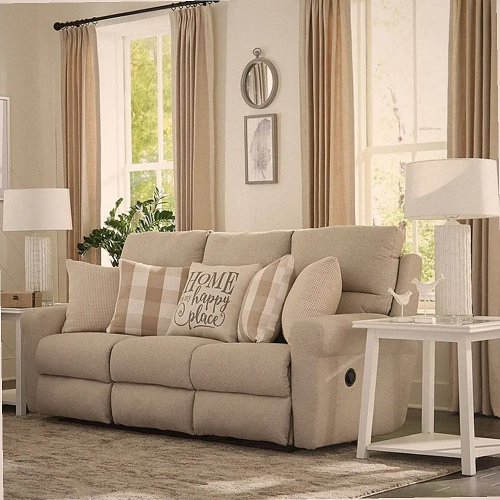 Catnapper Eastland Lay Flat Reclining Sofa in Beige Fabric with Accent Pillows