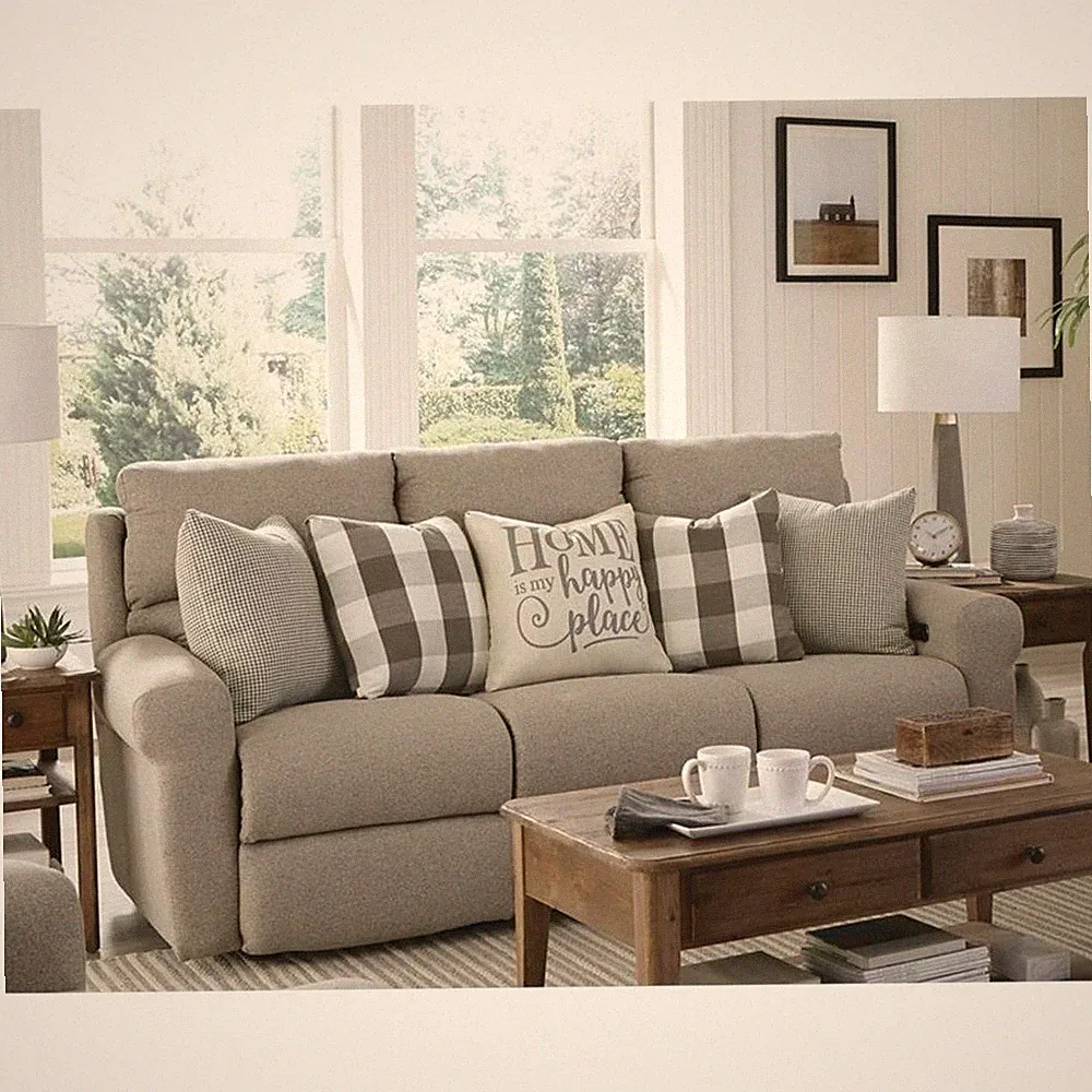 Catnapper Eastland Lay Flat Reclining Sofa in Gray Fabric with Accent Pillows