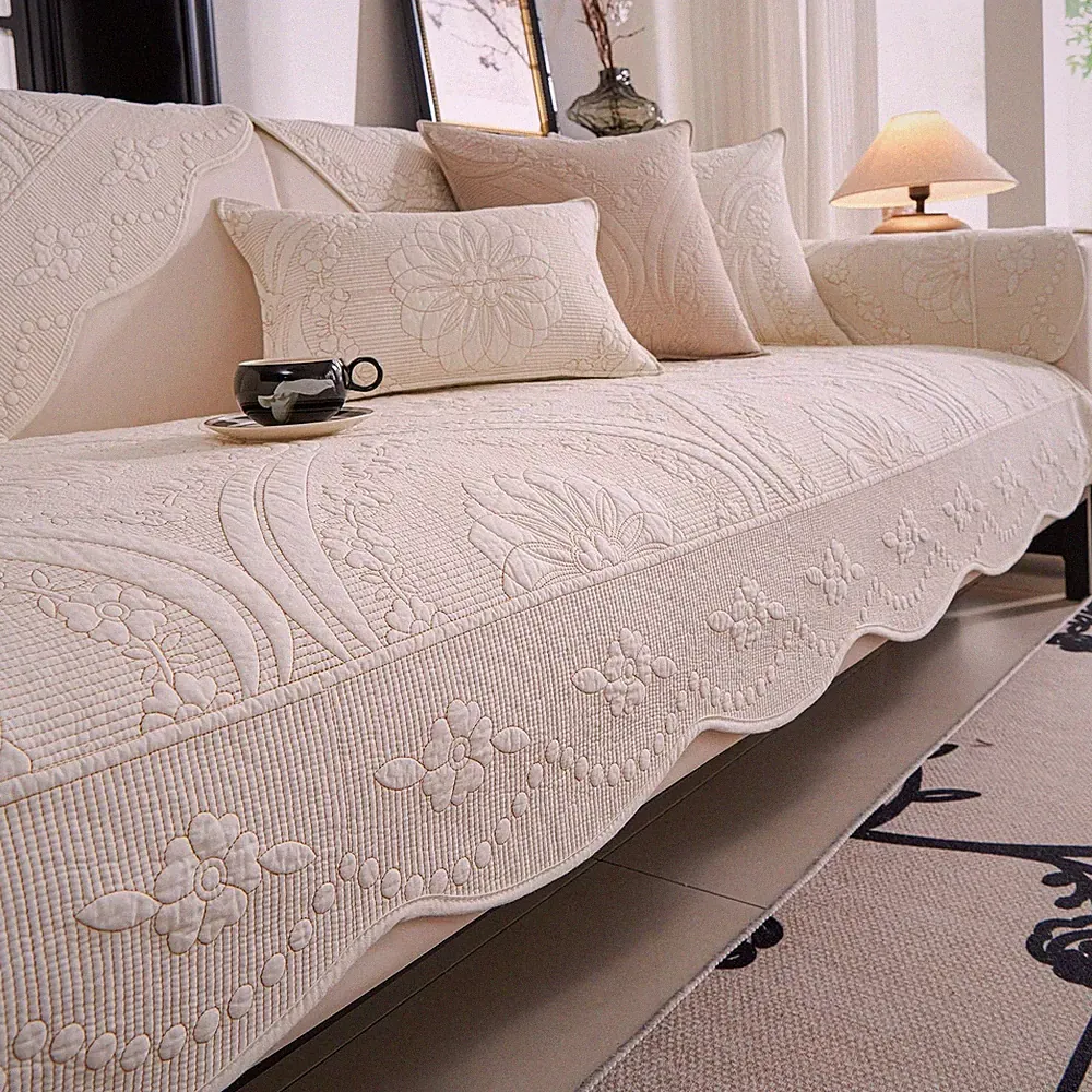 Cotton Quilted Couch Cover Farmhouse Counrty Floral Embroidered Sofa Cover No...