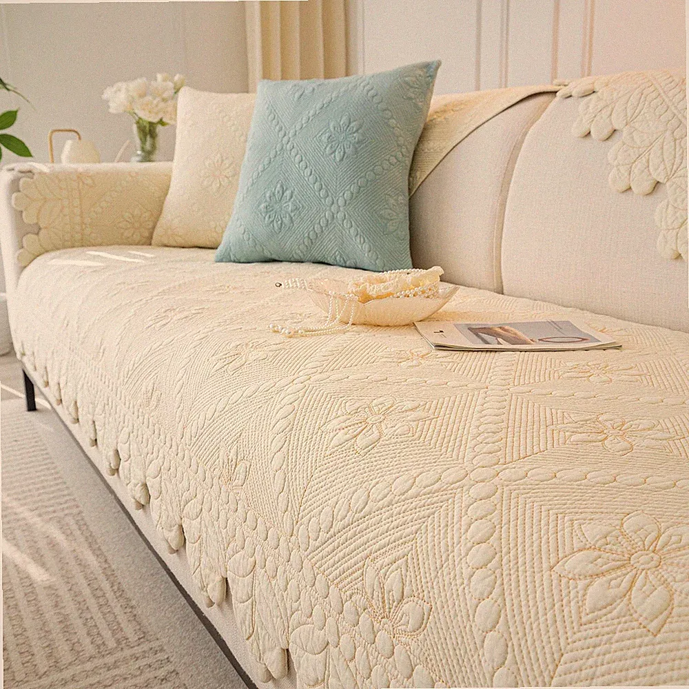 Farmhouse 100% Cotton Quilted Couch Cover Floral Embroidered Sofa Cover Non-S...
