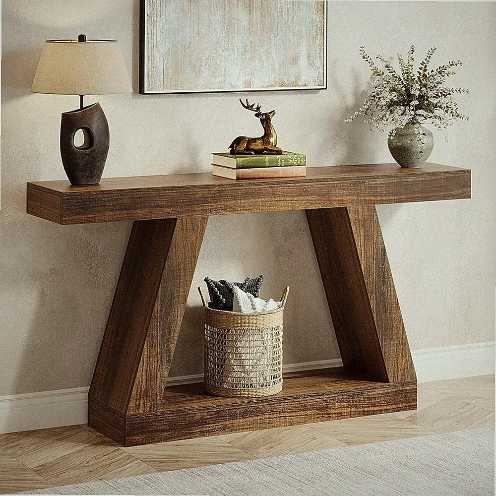 Farmhouse Console Table, 55-Inch Rustic Wooden Entryway Sofa Table with Storage