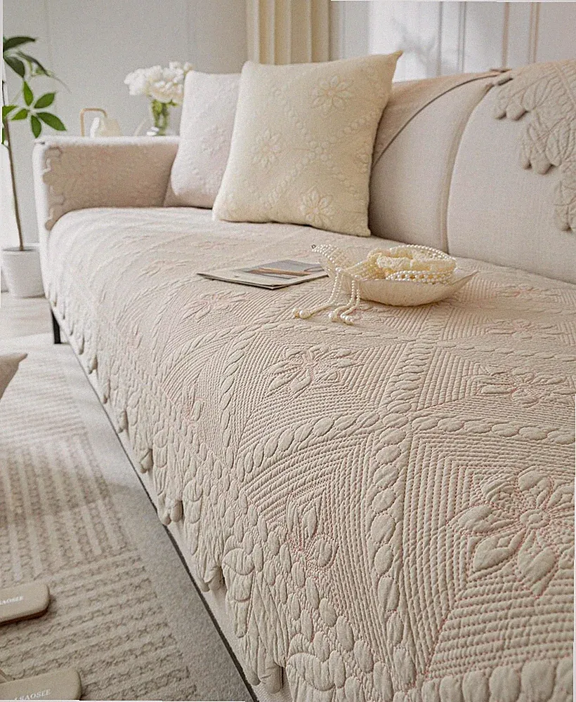 Farmhouse Floral Quilted Couch Cover - Soft Non-Slip Sofa Protector (Khaki)
