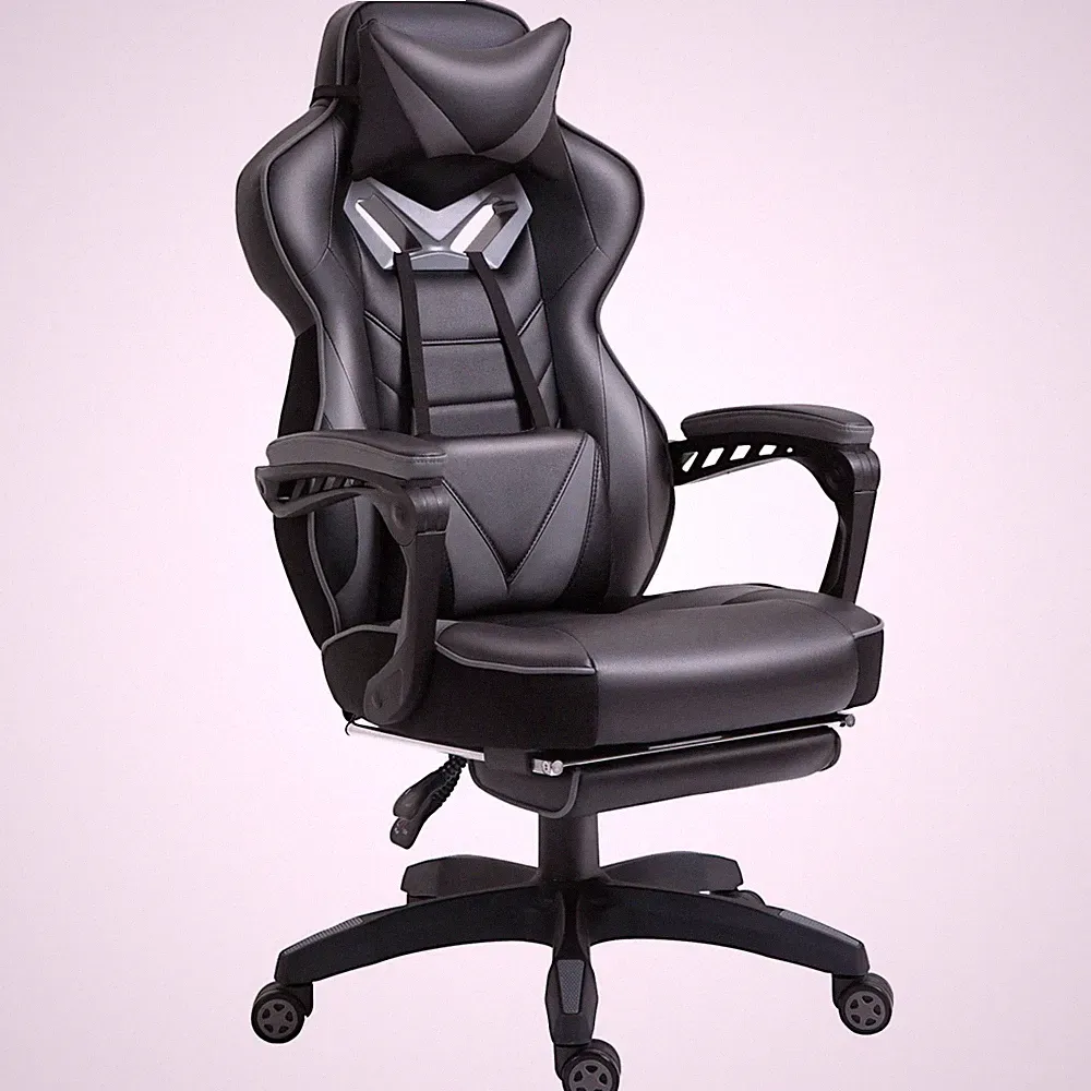 Gaming Chair Grey Faux Leather 65cm Wide Recliner w/ Footrest 170° Swivel Office