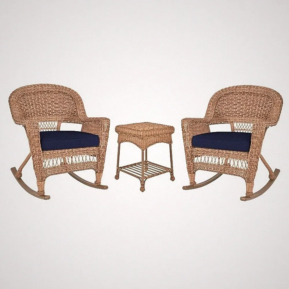 Jeco 3pc Wicker Rocker Chair Set in Honey with Blue Cushion