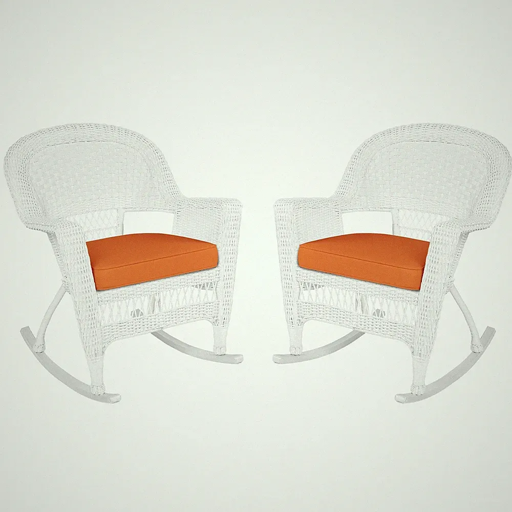 Jeco Rocker Wicker Chair in White with Orange Cushion (Set of 2)