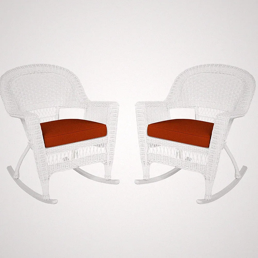 Jeco Rocker Wicker Chair in White with Red Cushion (Set of 2)