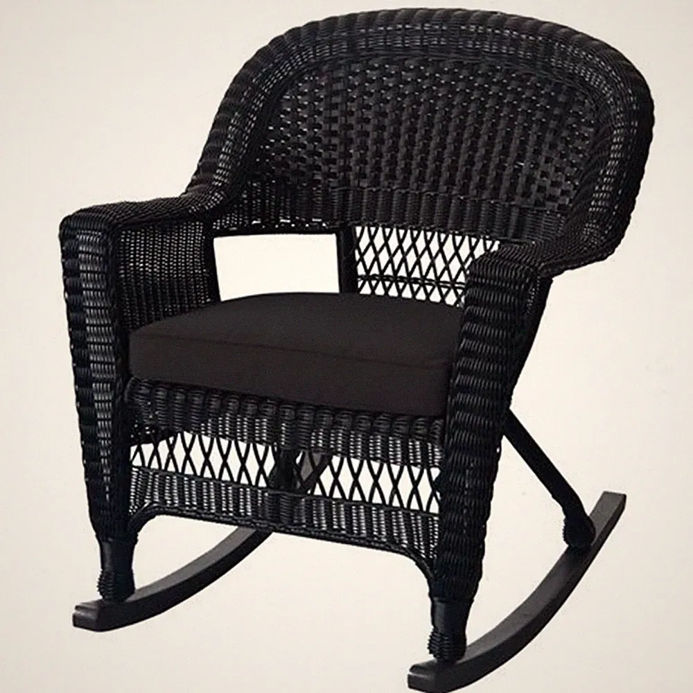 Jeco Wicker Rocker Chair in Black with Black Cushion (Set of 2)