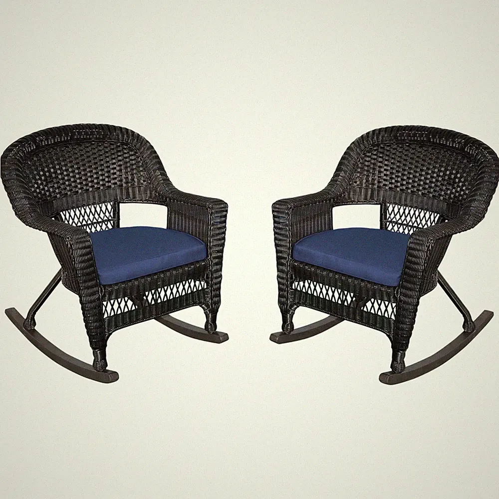 Jeco Wicker Rocker Chair in Black with Blue Cushion (Set of 2)