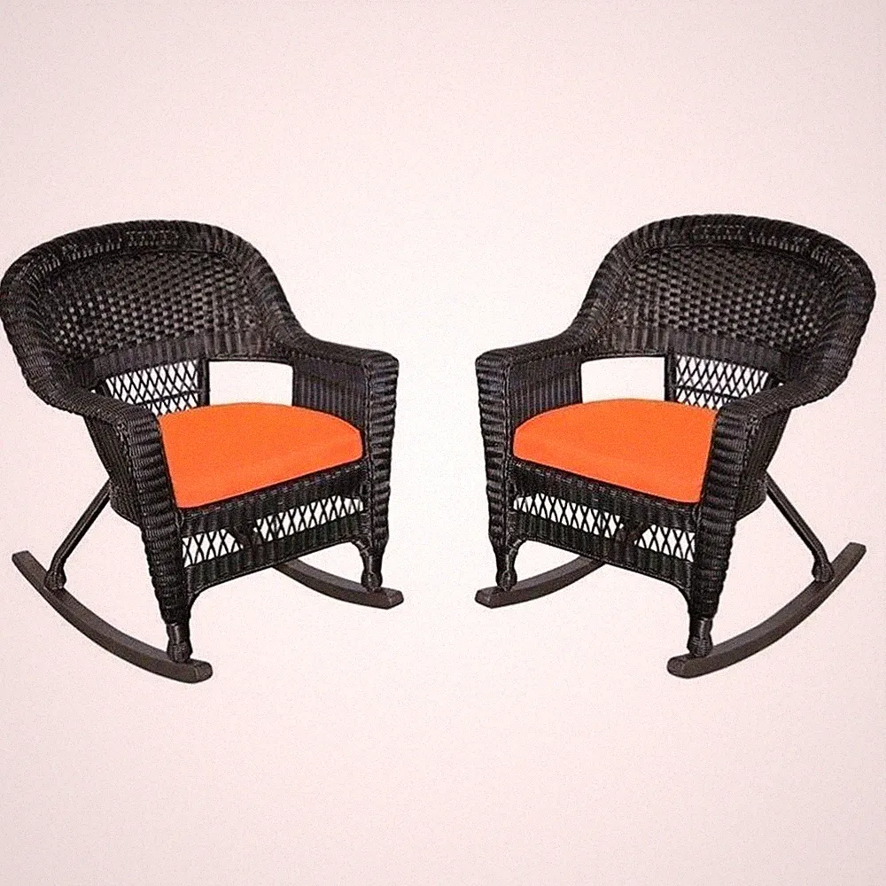 Jeco Wicker Rocker Chair in Black with Orange Cushion (Set of 2)