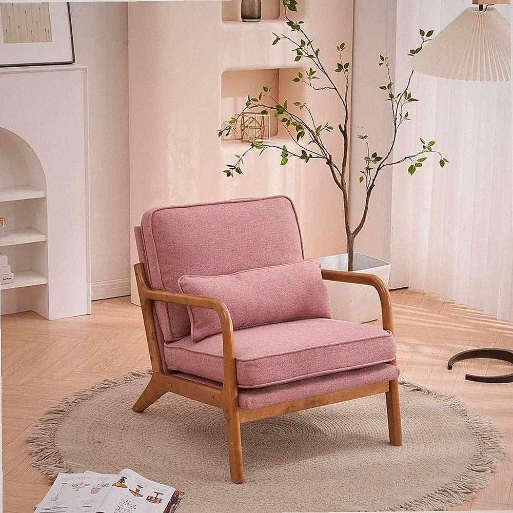 Linen Pink Comfy Accent Chair,Mid Century Modern Lounge Armchair for Living Room