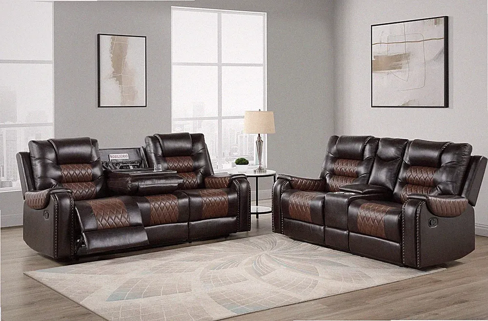 NEW Two-Tone 2PC Leather Gel Brown Sofa Loveseat 4-Recliner Rustic Living Room