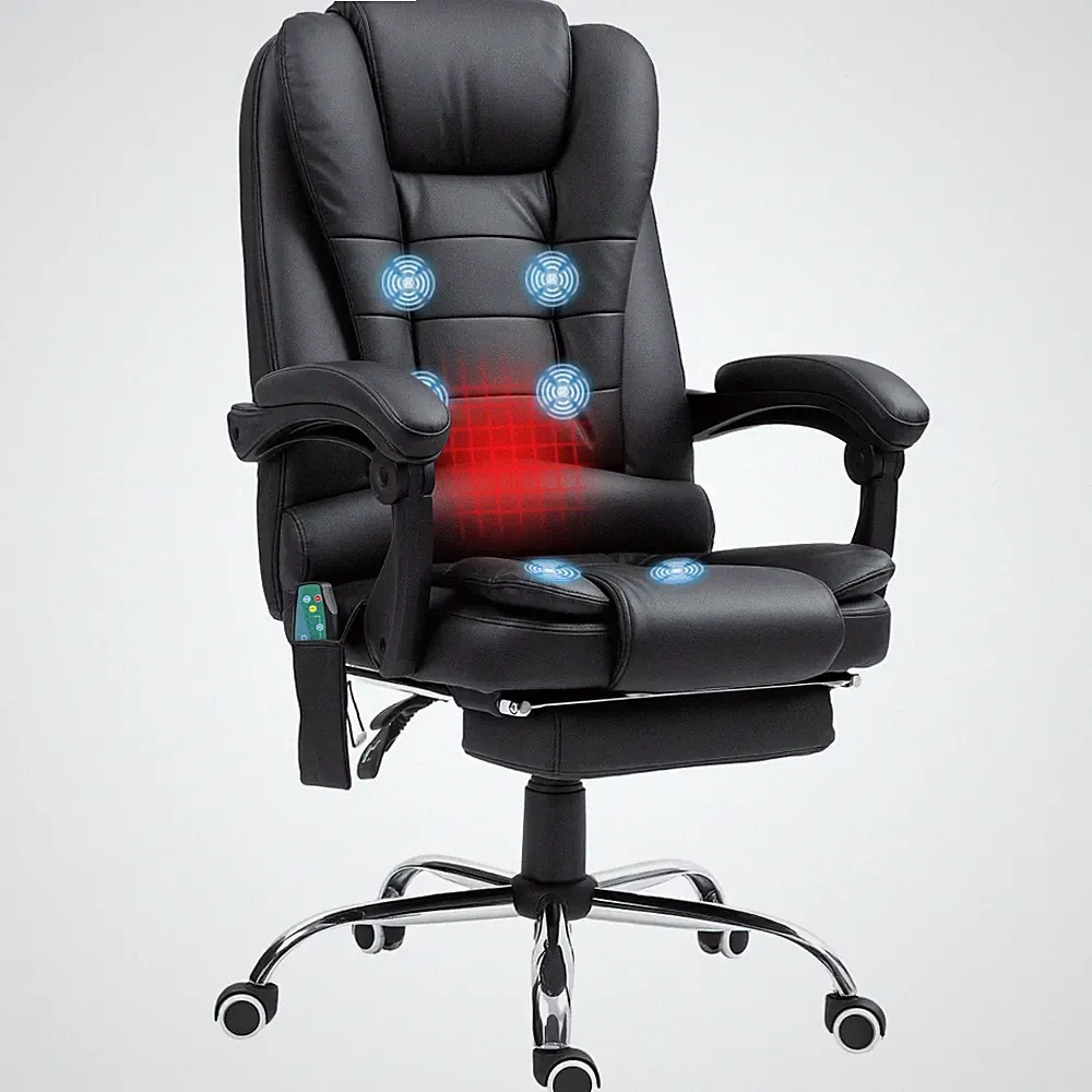 Office Chair Black PU Leather 6-Point Heated Massage Recliner 65cm W Seat45-52cm