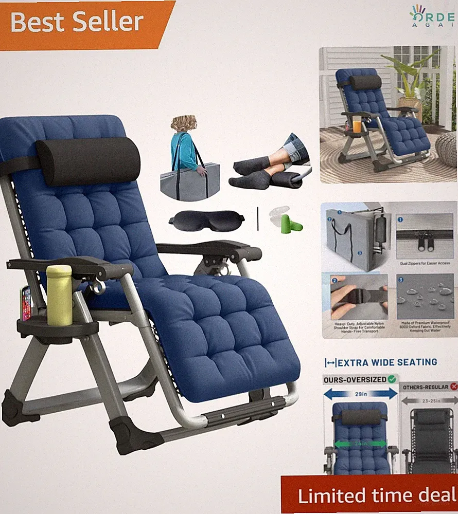 Oversized Zero Gravity Lounge Chair Padded Recliner w/ Removable Cushions