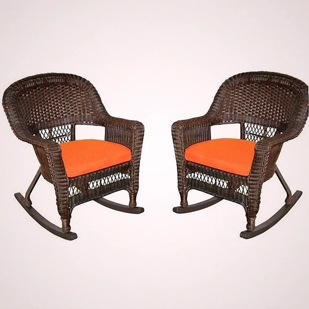Pemberly Row Rocker Wicker Chair in Espresso and Orange (Set of 2)