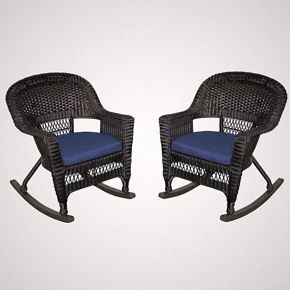 Pemberly Row Wicker Rocker Chair in Black with Blue Cushion (Set of 2)
