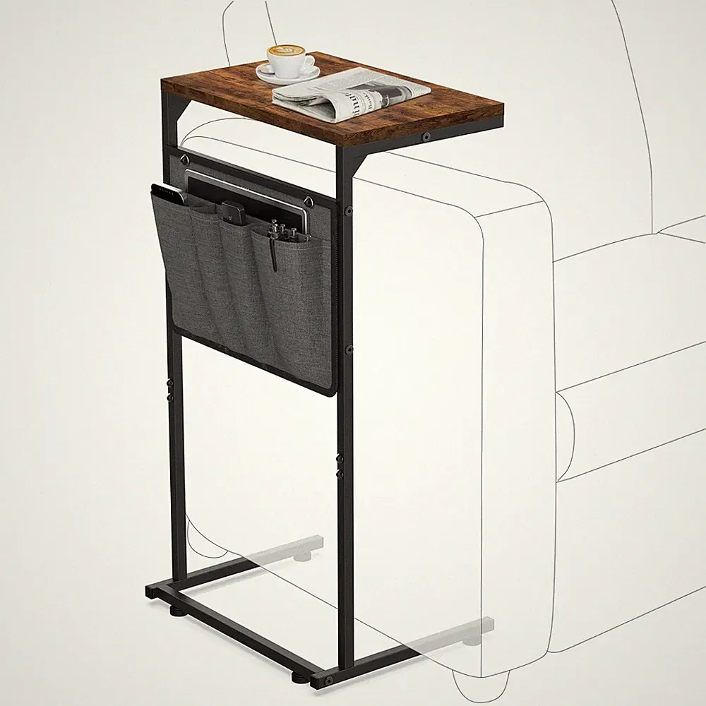 Rustic Brown C-Shaped End Table with Storage Bag Slide Under Sofa Tray Desk