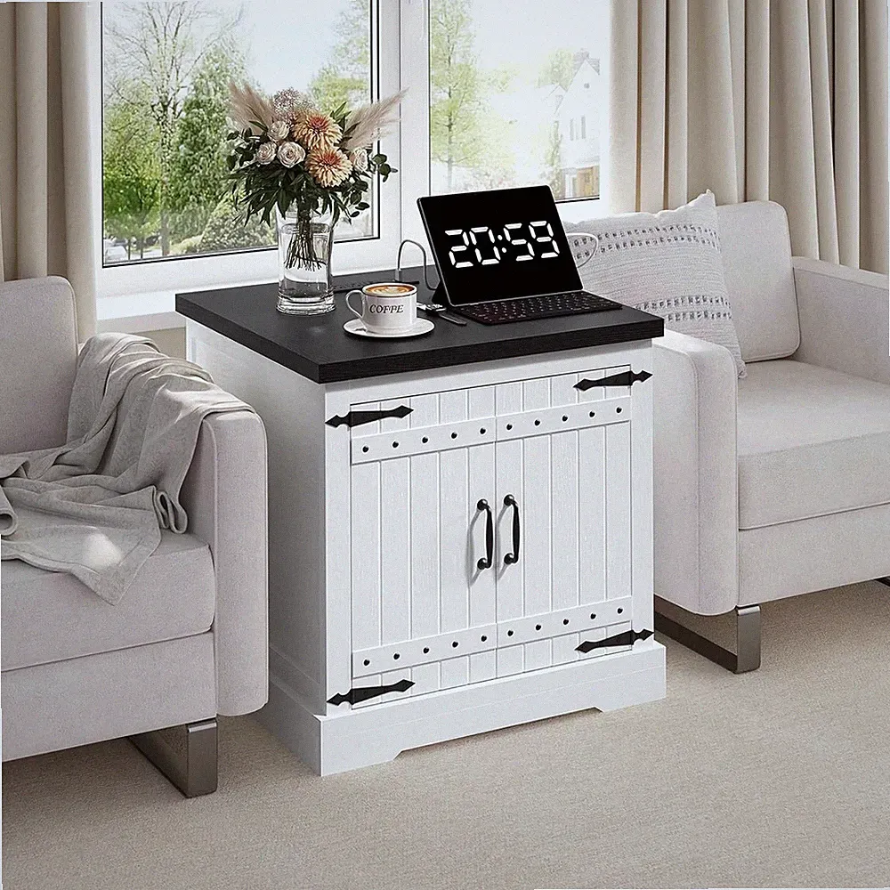 Rustic Farmhouse End Table with Charging Station & Adjustable Storage Shelf