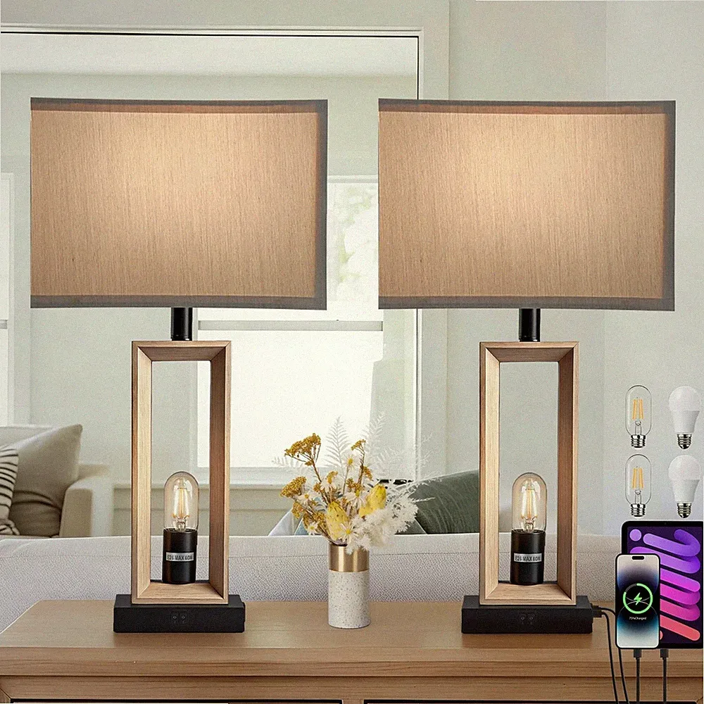 Table Lamps For Living Room Wood Farmhouse Style Set Of 2 With 4 LED Bulbs USB C
