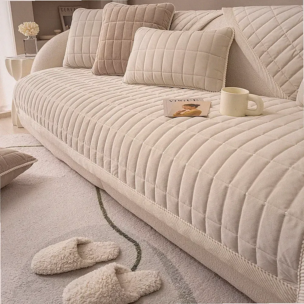 Velvet Plush Plaid Quilted Sofa Cover Super Soft Non Slip Sectional Couch Cov...
