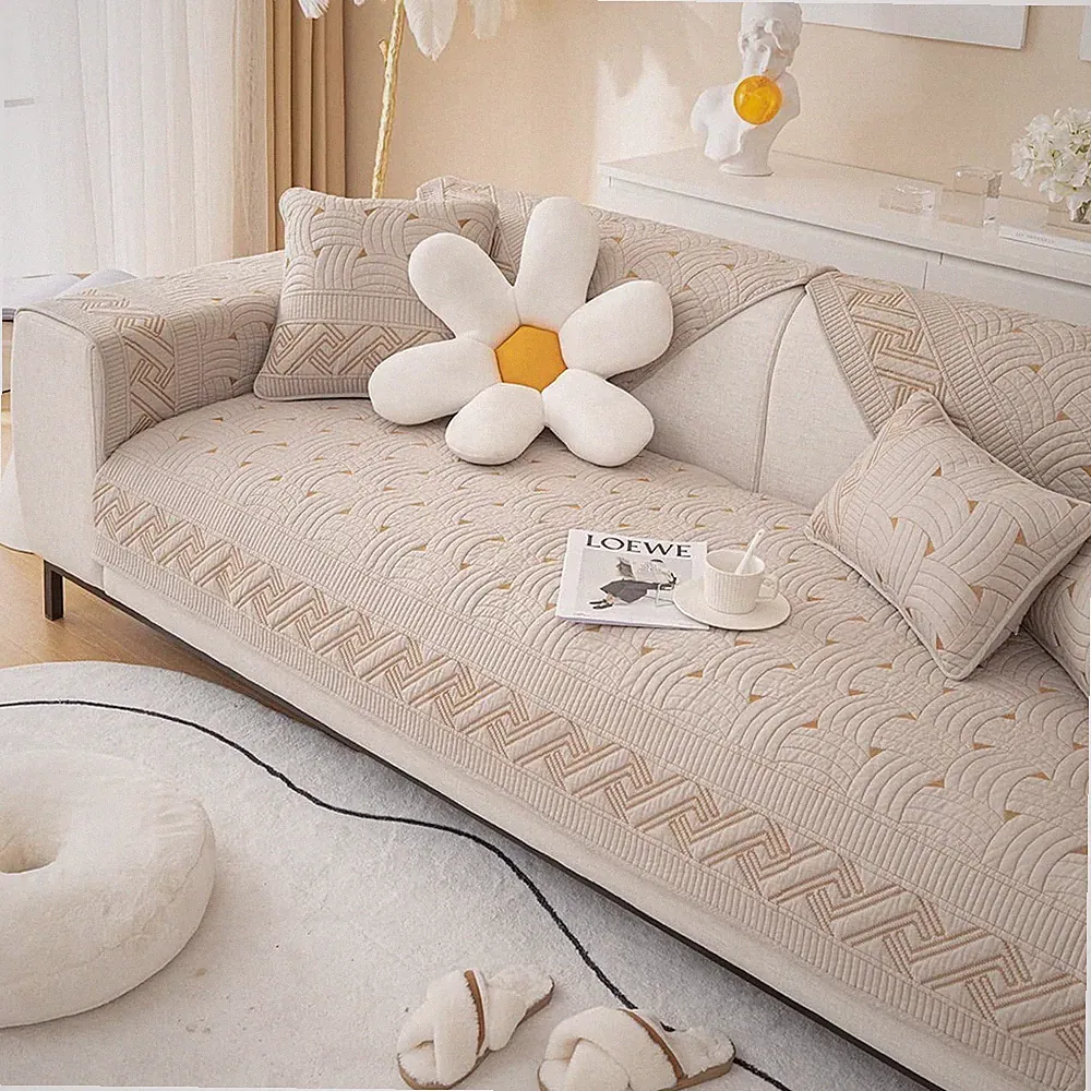 XSlive Farmhouse Cotton Quilted Sofa Cover Weave Pattern Slipcover